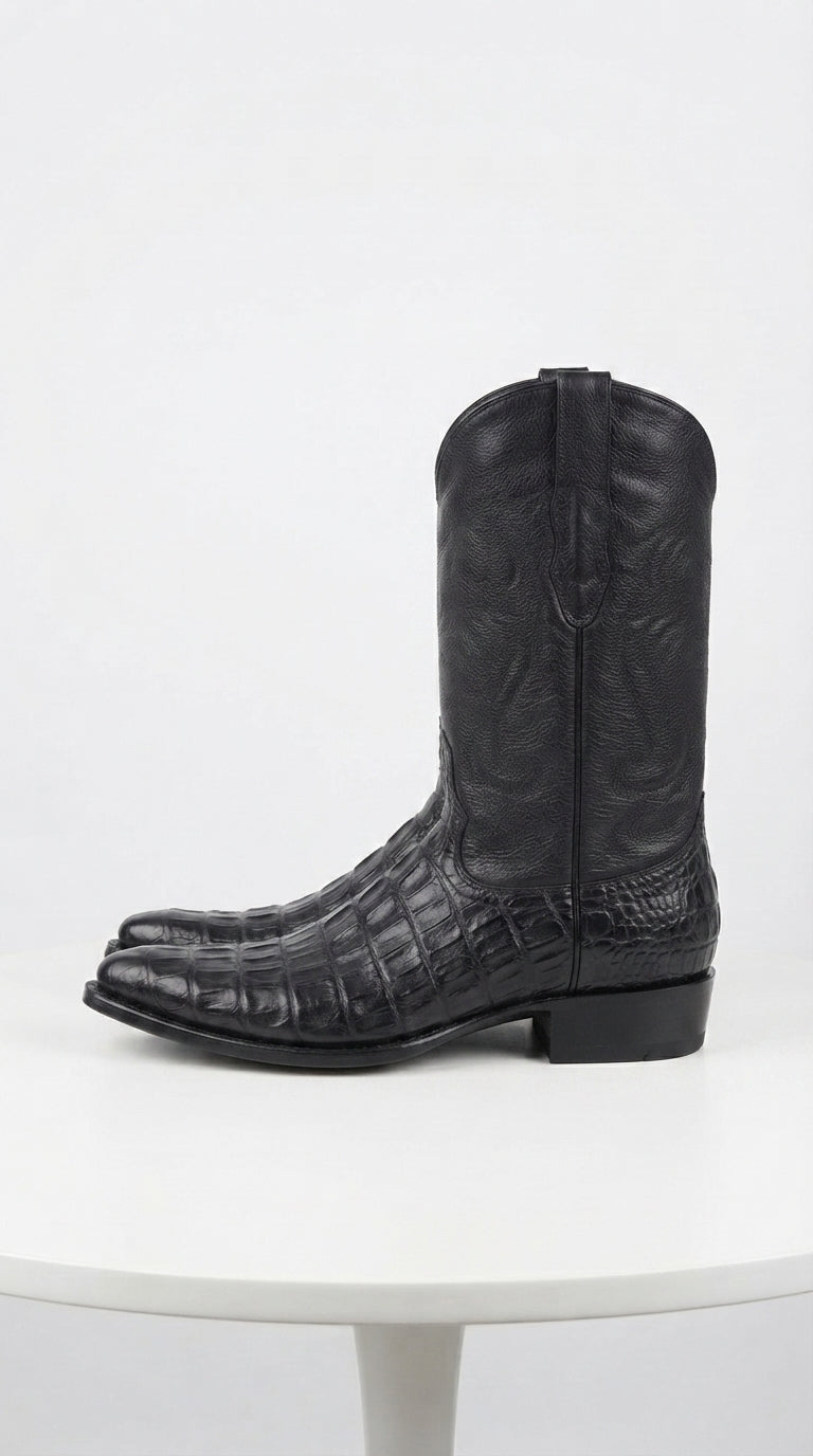 Men’s Black Alligator Print Snip Toe Boots, Exotic Western Cowboy Dress Boots