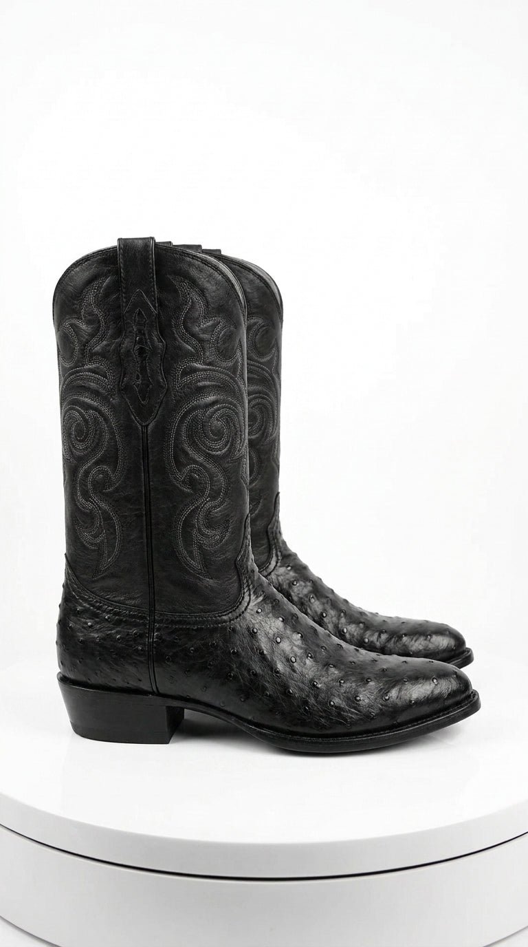 Los Altos Men’s Black Full Quill Ostrich Boots, Round Toe Exotic Western Cowboy Dress Boots