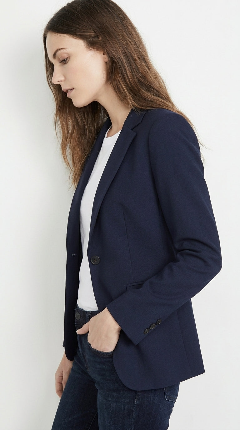 Two Button Solid Pattern Navy Women Blazer