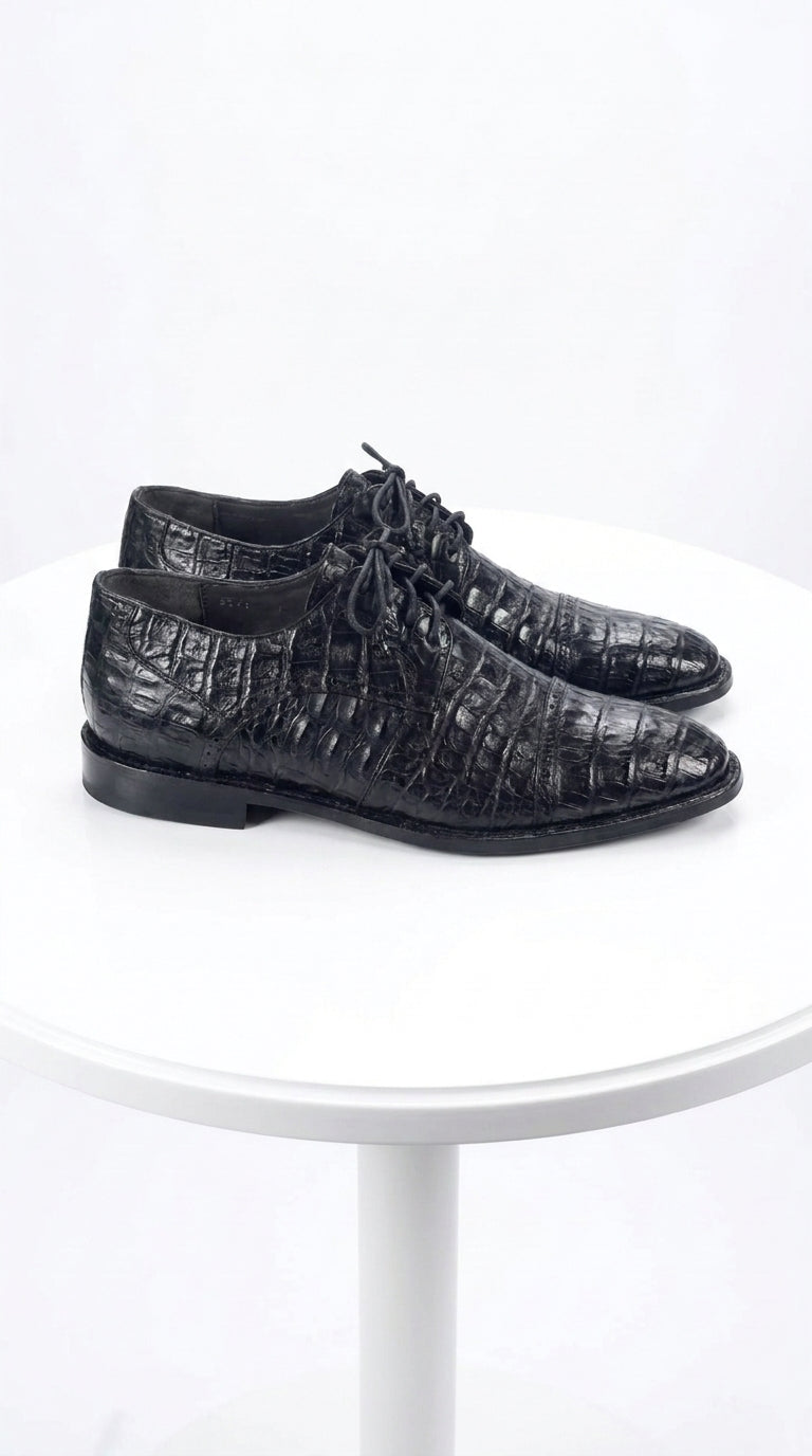 Los Altos Men’s Black Caiman Crocodile Oxford Shoes, Exotic Lace-Up Formal Dress Shoes