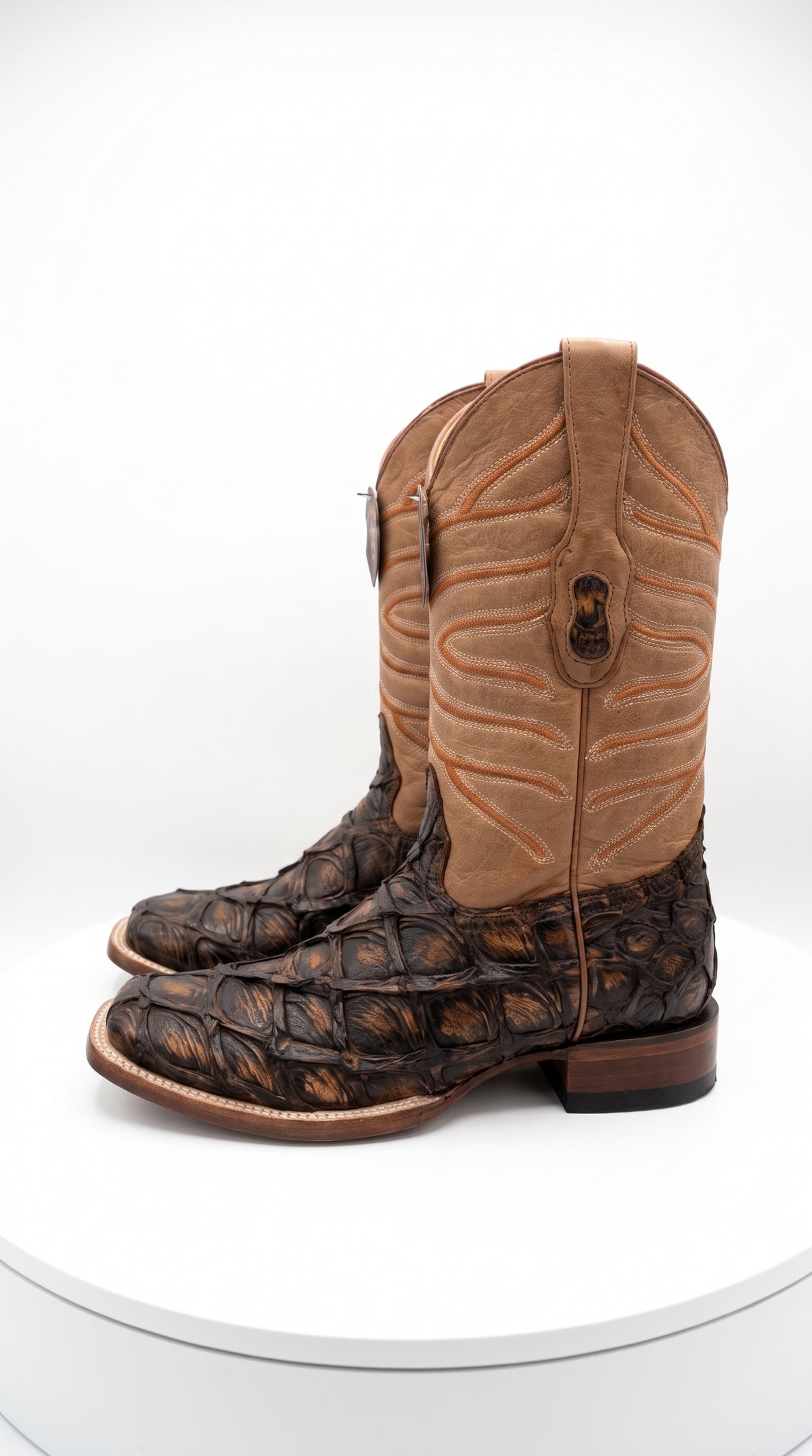 Los Altos Rustic Cognac Pirarucu Square Toe Boots, Exotic Western Cowboy Dress Boots