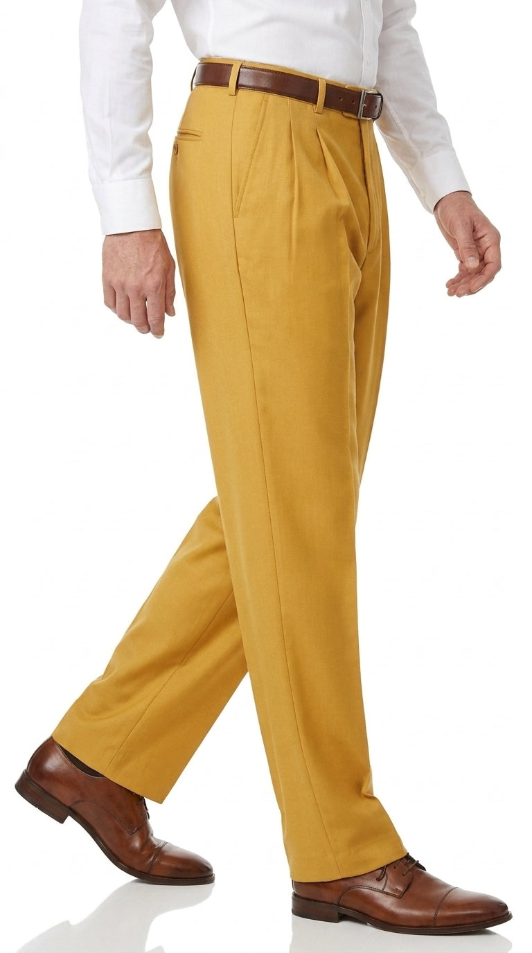Men’s Gold Pleated Dress Pants, Formal Slacks for Church, Wedding and Special Events