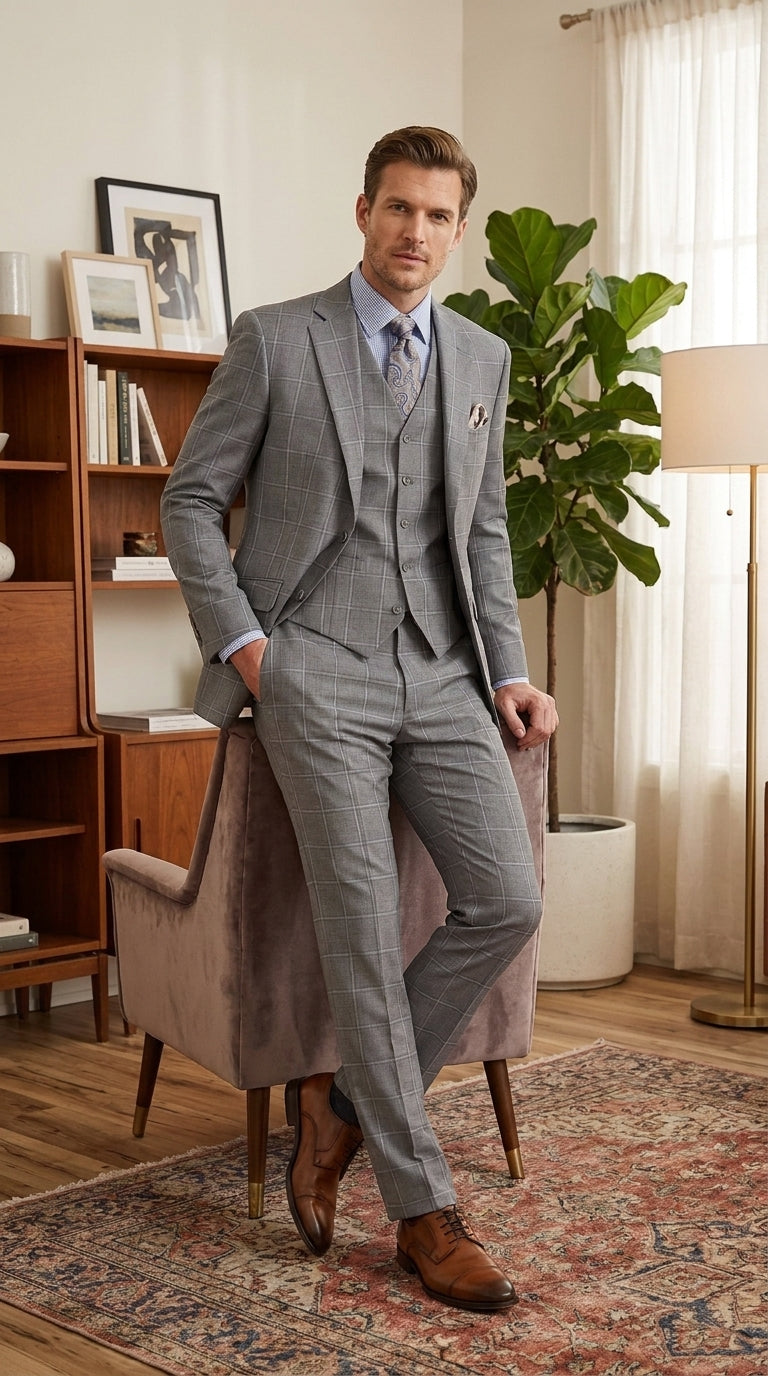 Men’s Light Grey Windowpane Plaid Suit, 1920s Inspired 3 Piece Formal Wedding Dress Suit