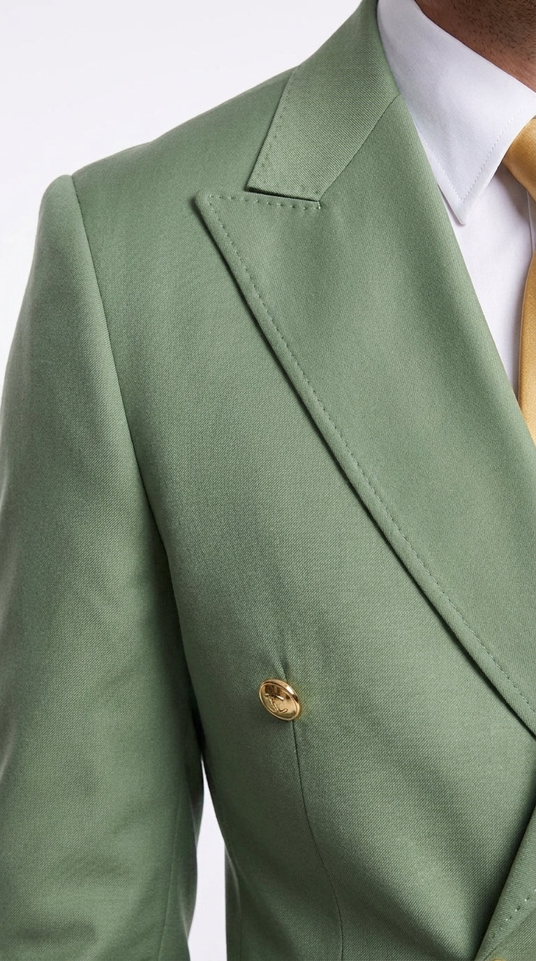 Rossi Man Milano Men’s Sage Green Double-Breasted Suit – Gold Button Wedding, Prom and Formal Suit