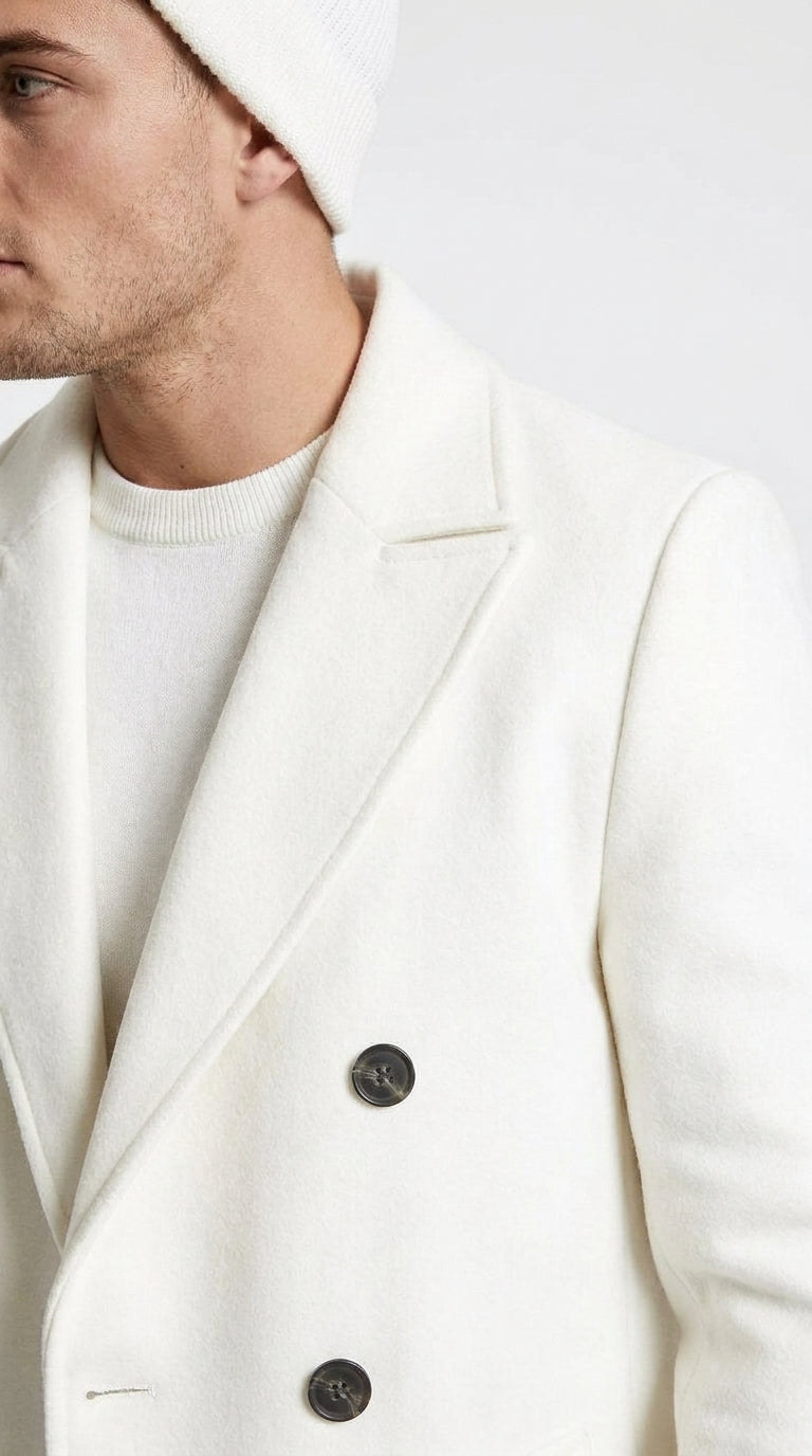 Men’s White Cashmere and Wool Double-Breasted Overcoat – Classic Car Coat for Business and Formal Wear