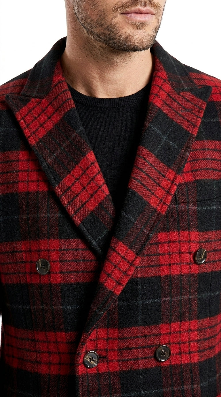 Men’s Red and Black Plaid Double-Breasted Overcoat – Wool-Blend Peacoat and Winter Topcoat