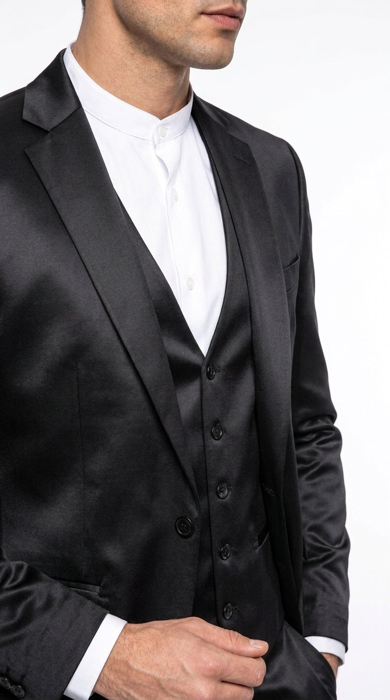 Men’s Black Satin 3 Piece Suit, Formal Wedding Prom Dress Suit with Vest