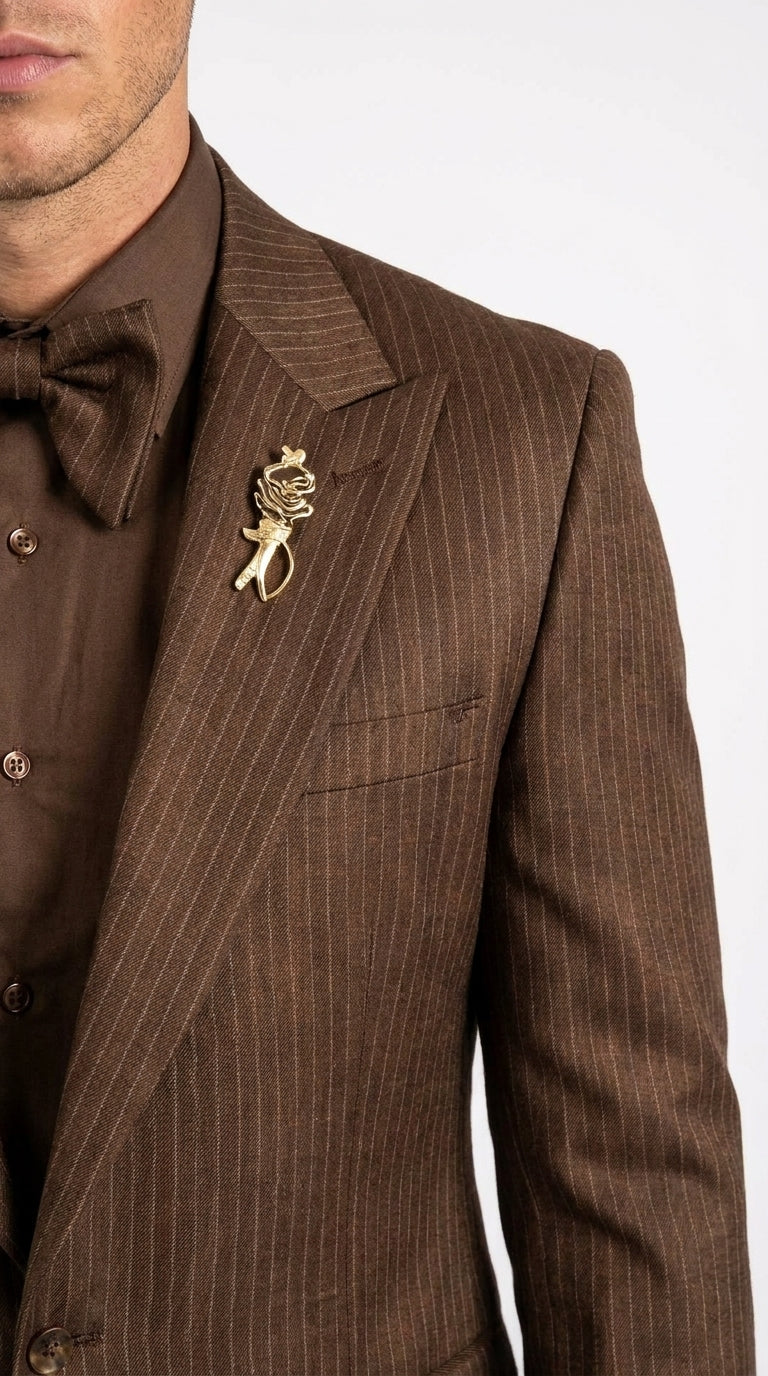 Rossiman Men’s Brown Metallic Pinstripe 4 Piece Suit, Satin Charmeuse Shirt and Tie Set