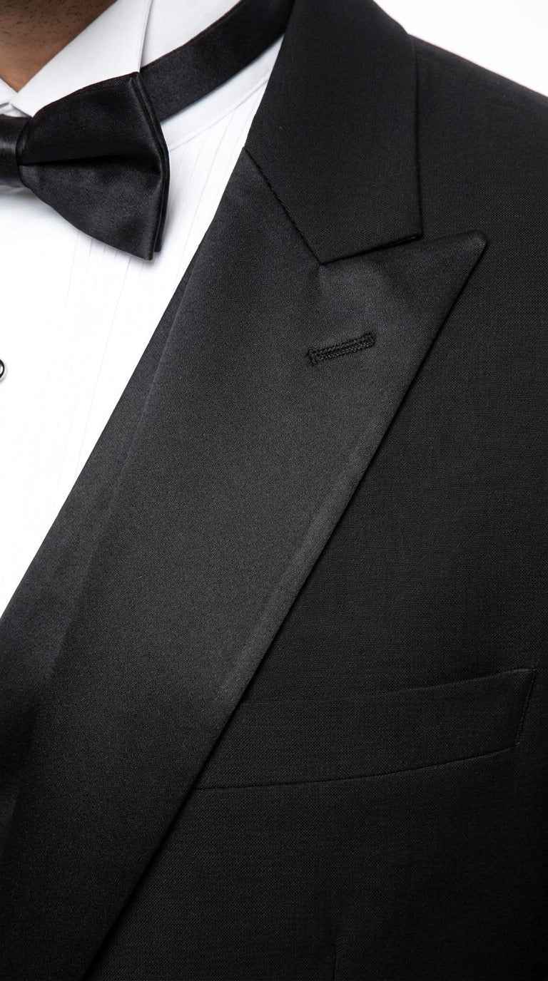 Men’s Black 1 Button Wide Satin Peak Lapel Tuxedo, Classic Formal Wedding Prom Suit