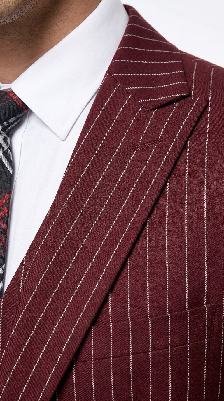 1920s Gangster Burgundy Pinstripe Suit with Vest for Men, Vintage 3 Piece Dress Suit