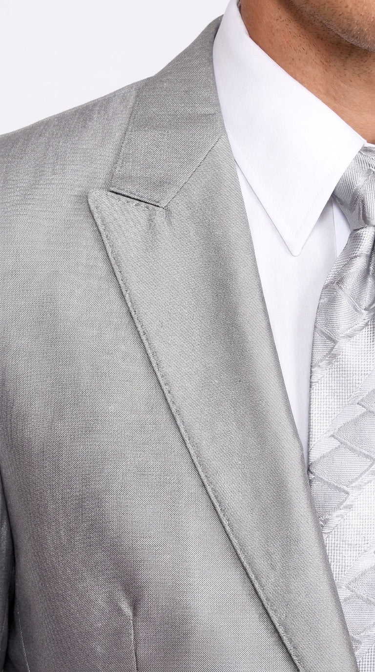 Men’s Silver 2 Button Sharkskin Suit, Shiny Formal Wedding Prom Business Dress Suit