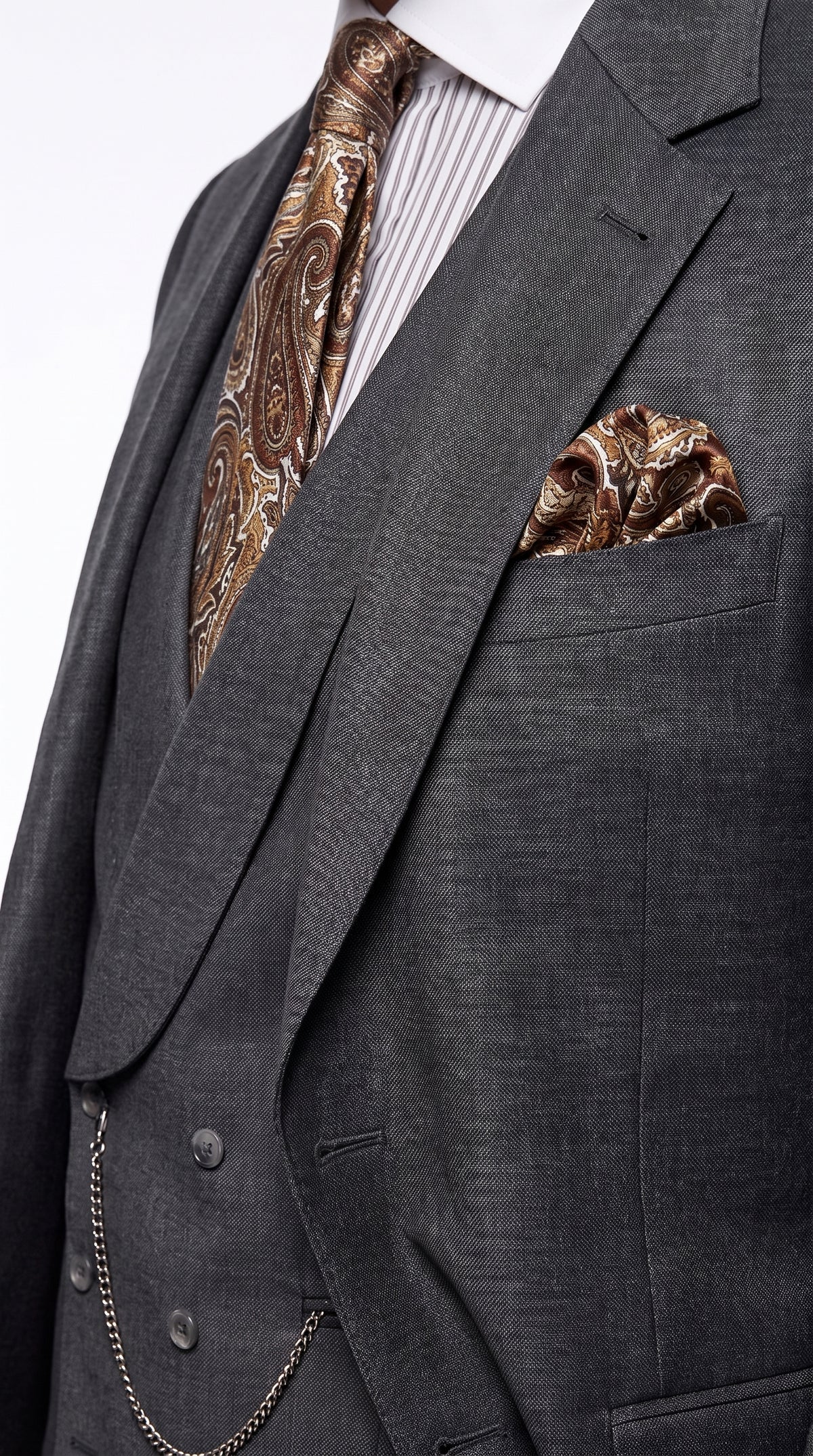 Men’s Gray Peak Lapel Suit with Double Breasted Vest, Single Button Formal Wedding Dress Suit