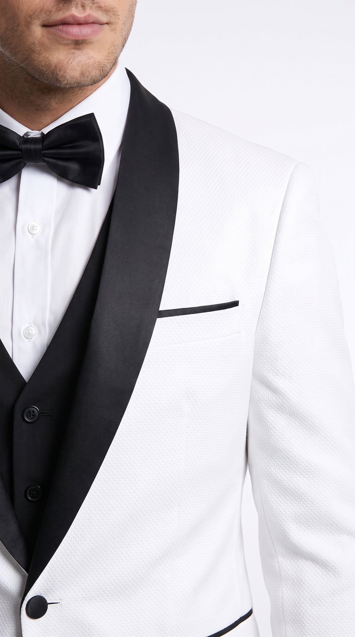 Men’s White Sharkskin Shawl Lapel Tuxedo, Black Trim Formal Wedding Prom Suit