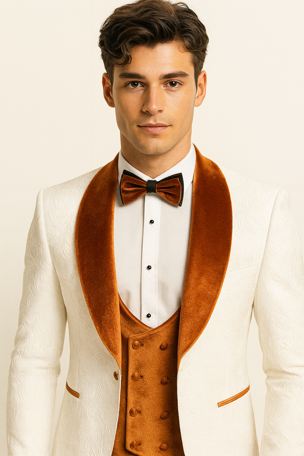Burnt Orange Paisley Velvet 4pc Suit with Bowtie