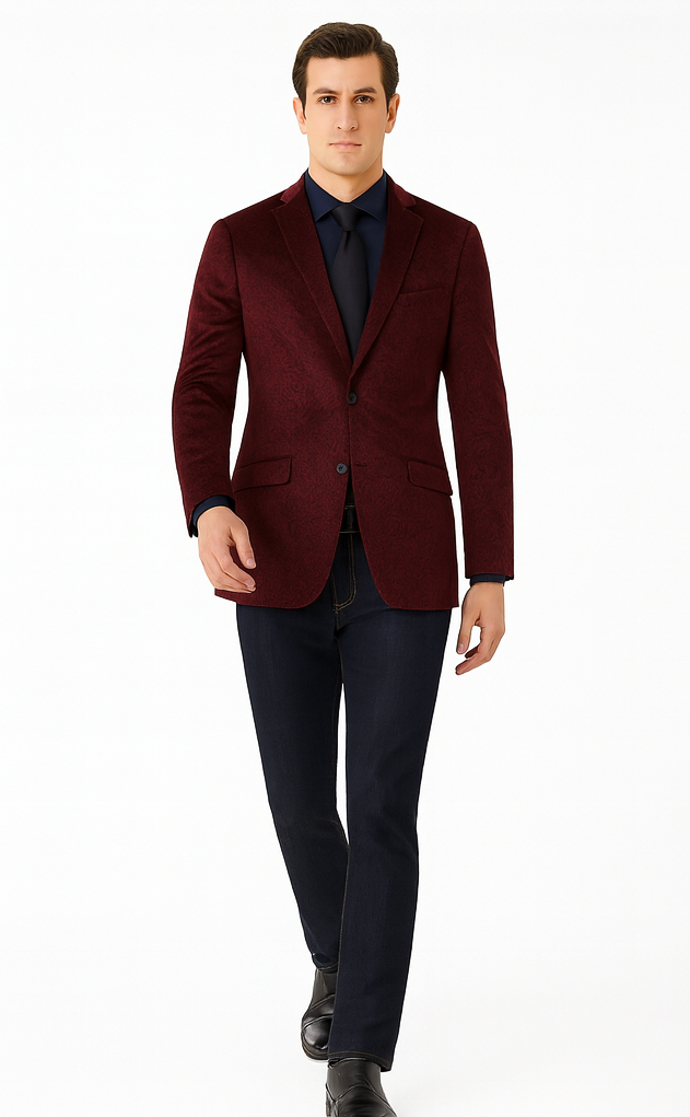 Maroon Velvet Blazer - Paisley Sport Coat - Slim Fit