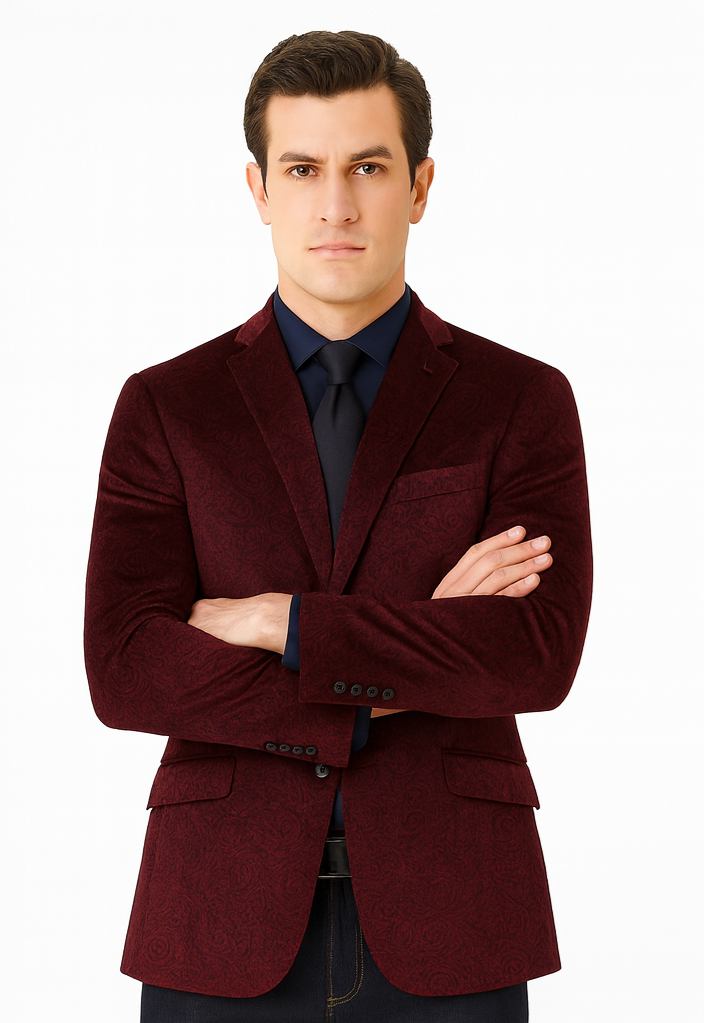 Maroon Velvet Blazer - Paisley Sport Coat - Slim Fit