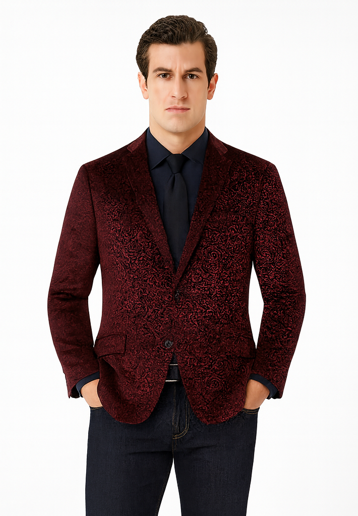 Maroon Velvet Blazer - Paisley Sport Coat - Slim Fit