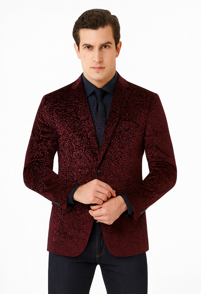 Maroon Velvet Blazer - Paisley Sport Coat - Slim Fit