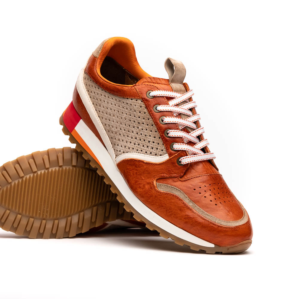 Zelli Matteo Calfskin and Perforated Suede Sneaker in Burnt Orange