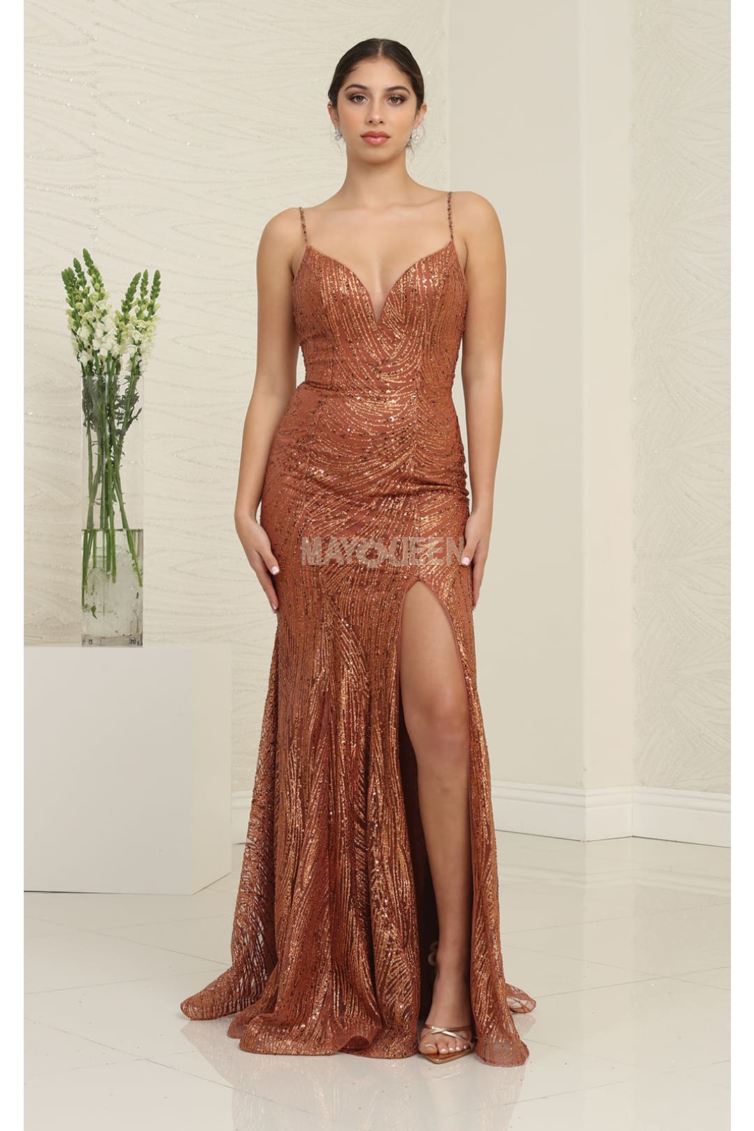 May Queen MQ1905 V-Neck Glitter Long Plus Size Special Occasion Dress