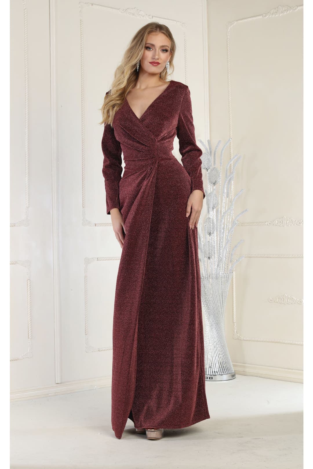 V Neck Long Sleeve Shimmer Formal Dress MQ1924