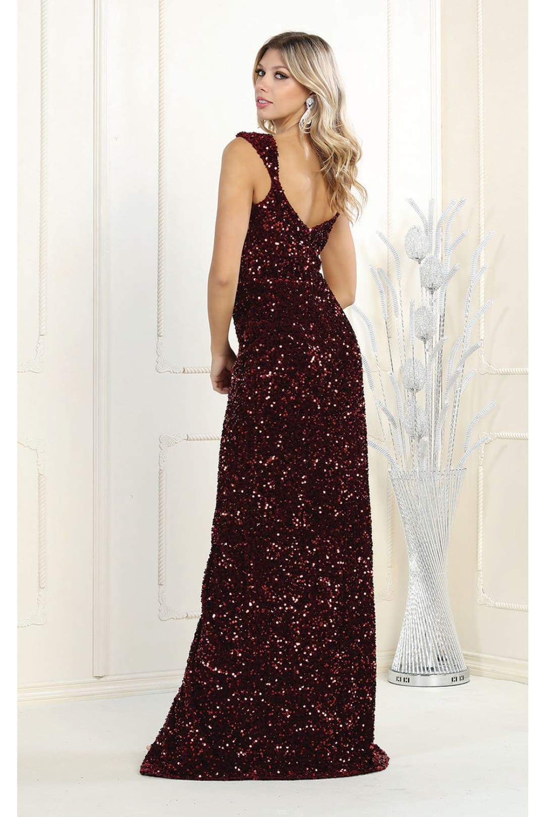 May Queen MQ1957 Off Shoulder V-Neck Long Sequin Dress