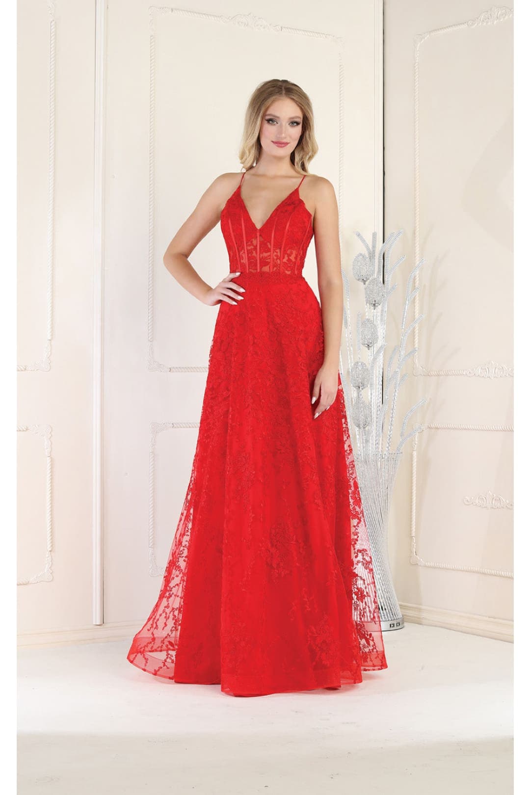 May Queen MQ1996 Corset Bone Embroiderd Lace Prom Long Evening Gown