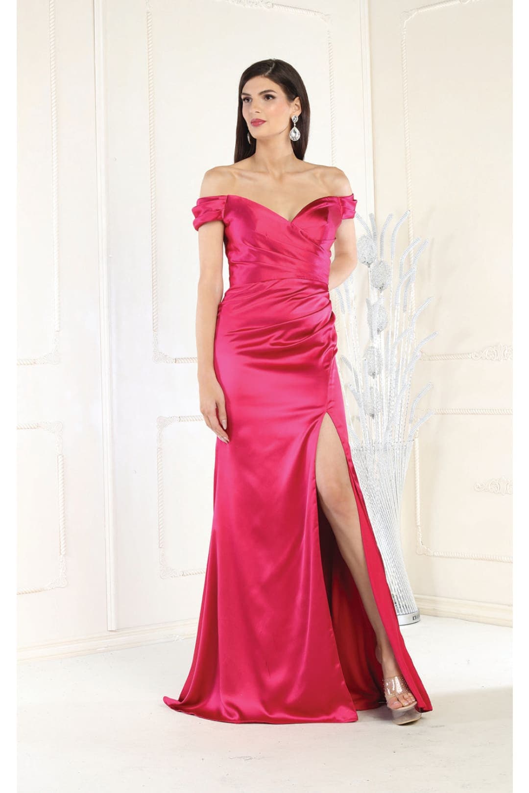 May Queen MQ1997 Off Shoulder Satin Bridesmaids Long Formal Gown