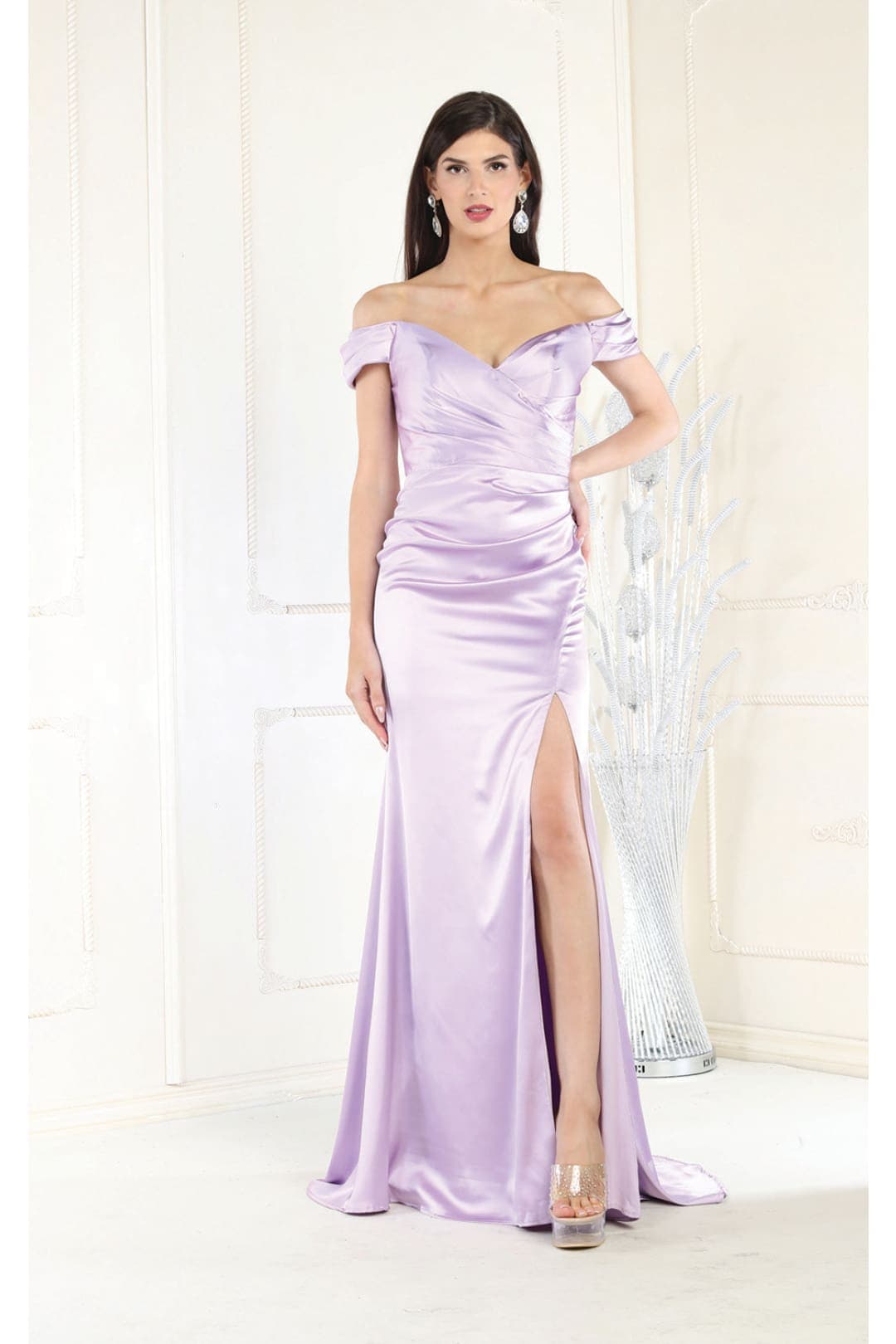 May Queen MQ1997 Off Shoulder Satin Bridesmaids Long Formal Gown