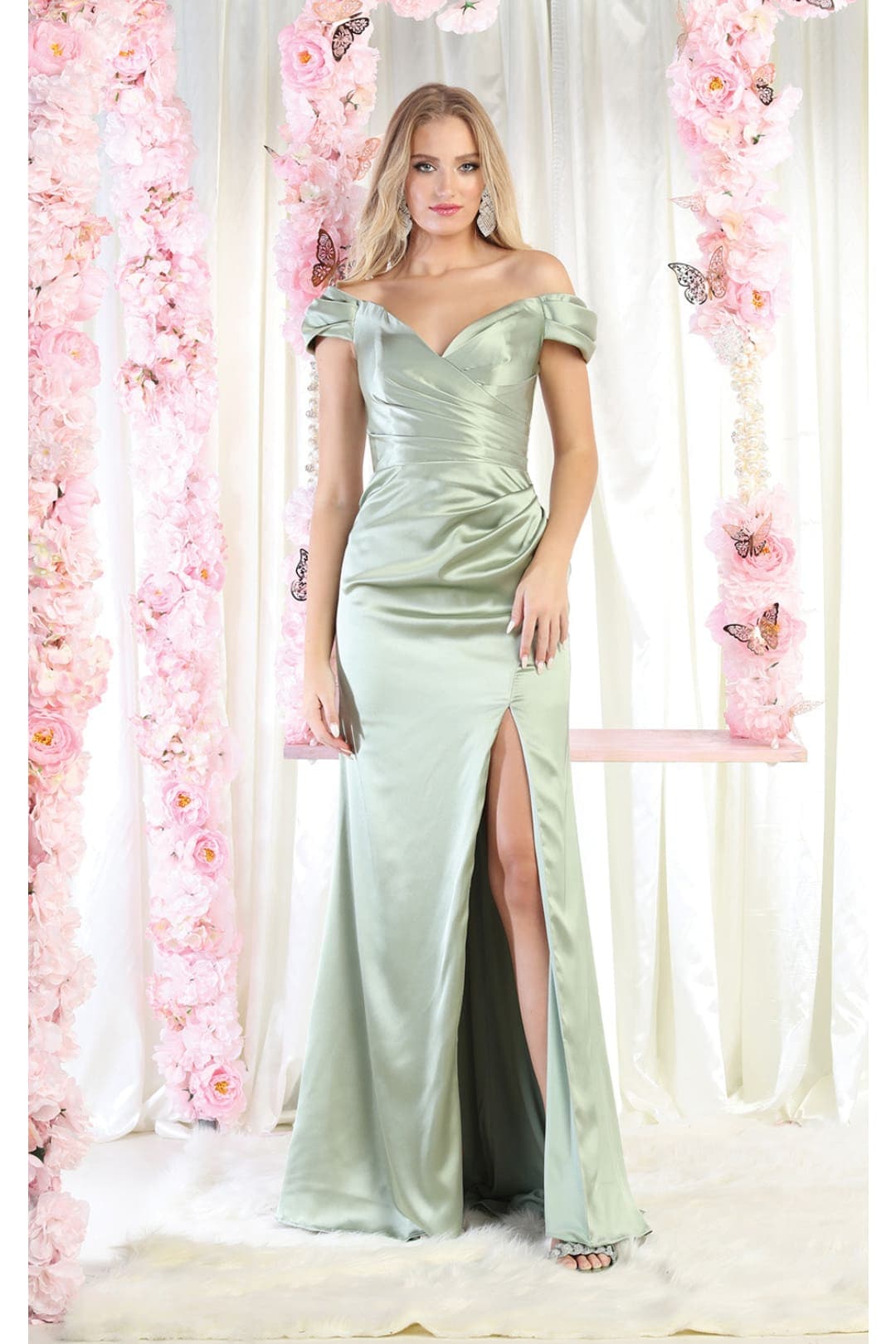 May Queen MQ1997 Off Shoulder Satin Bridesmaids Long Formal Gown