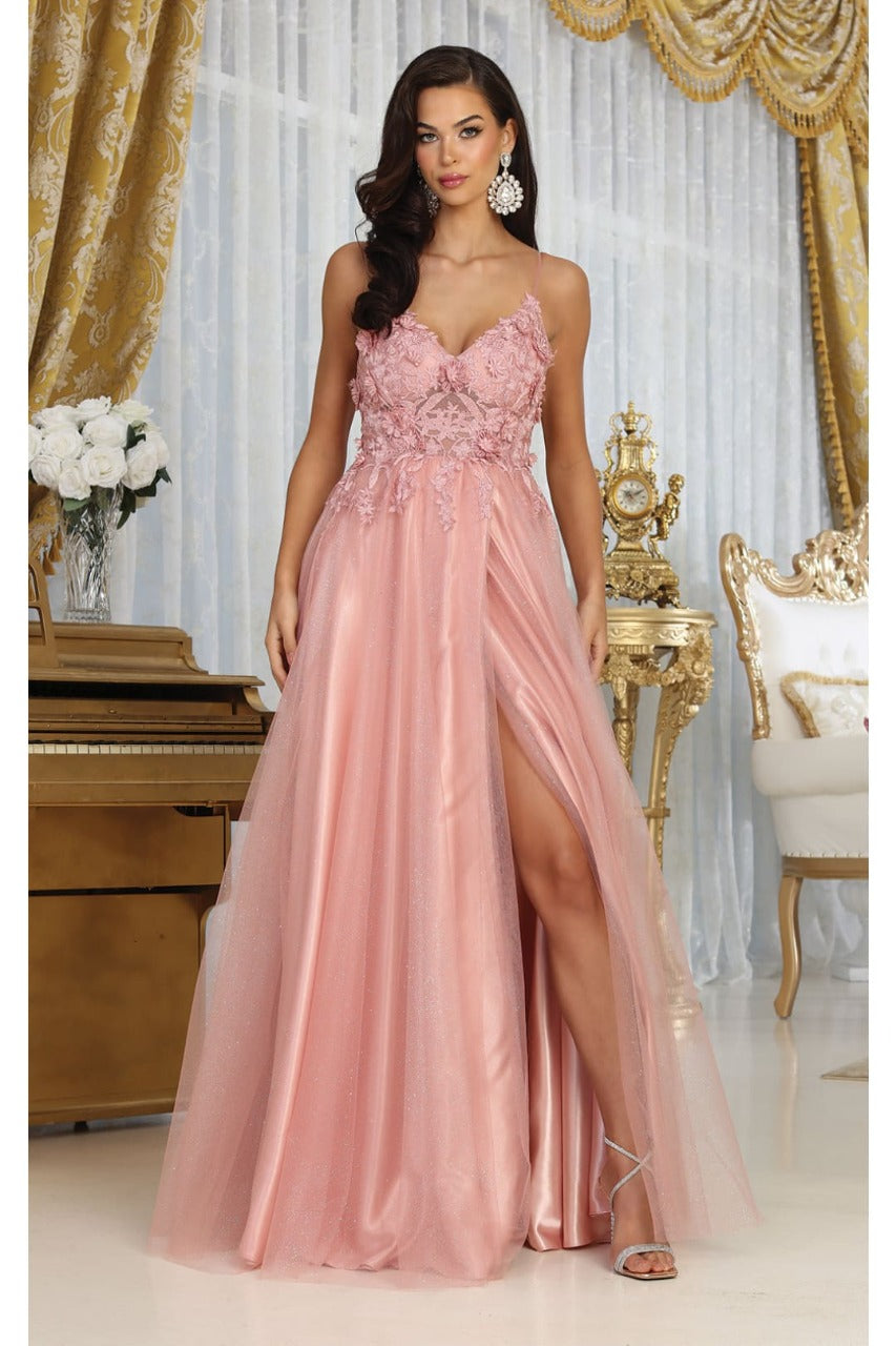 May Queen MQ2011 Spaghetti Strap Floral Embellished Tulle Evening Gown