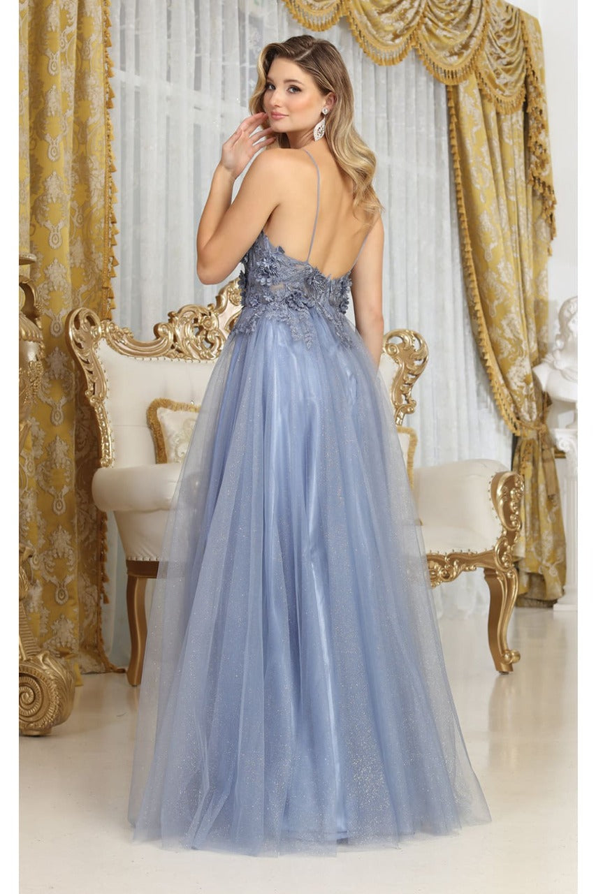 May Queen MQ2011 Spaghetti Strap Floral Embellished Tulle Evening Gown