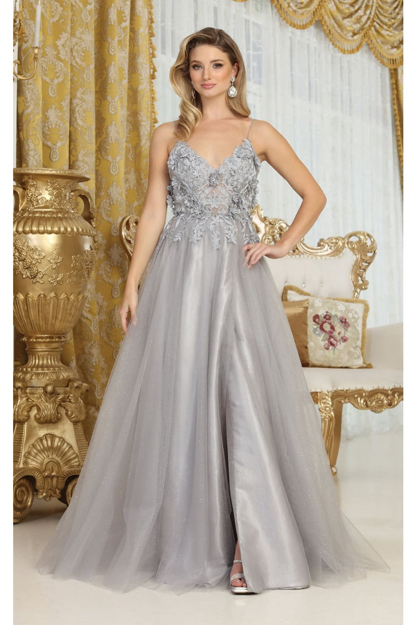 May Queen MQ2011 Spaghetti Strap Floral Embellished Tulle Evening Gown