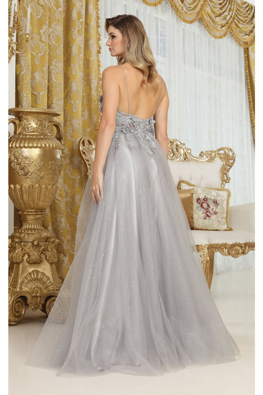 May Queen MQ2011 Spaghetti Strap Floral Embellished Tulle Evening Gown