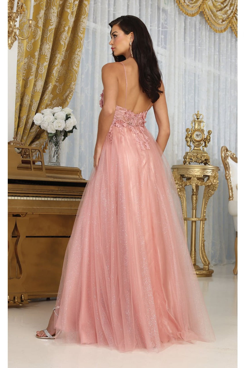 May Queen MQ2011 Spaghetti Strap Floral Embellished Tulle Evening Gown