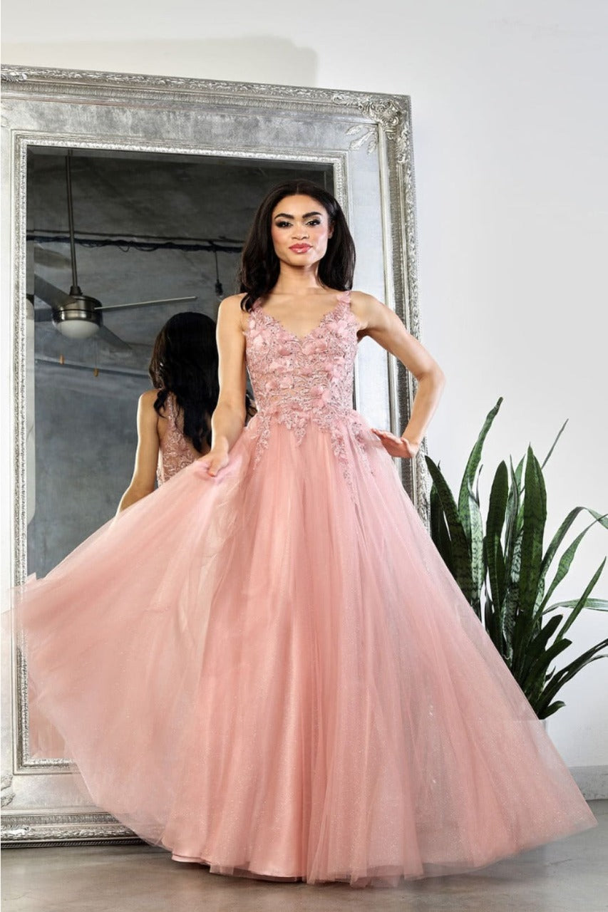 May Queen MQ2015 Sleeveless 3D Floral Embellished Evening Tulle Gown