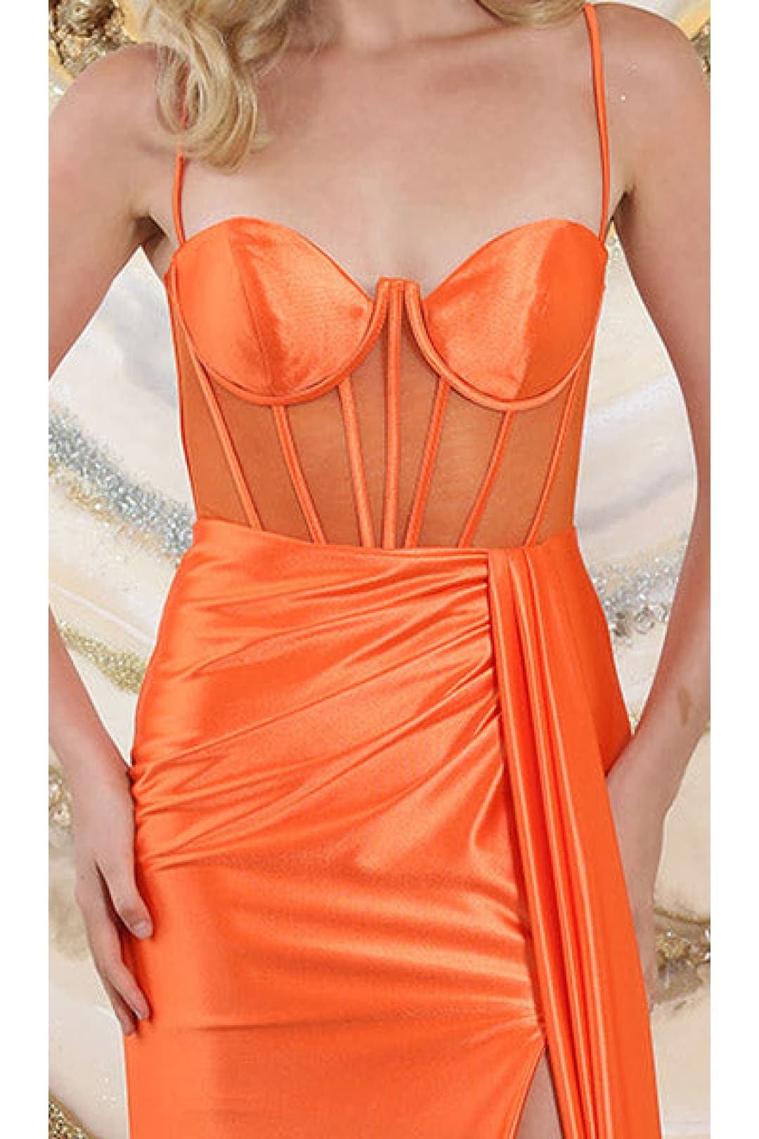 May Queen MQ2052 Spaghetti Straps Sheer Bodice High Slit Prom Dress