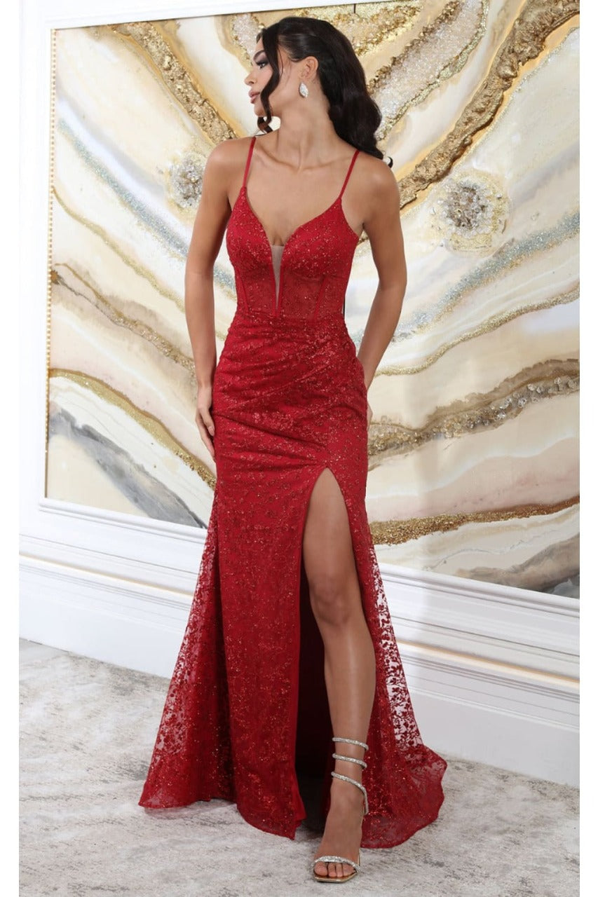 May Queen MQ2054 Spaghetti Strap Gala High Slit Long Dress