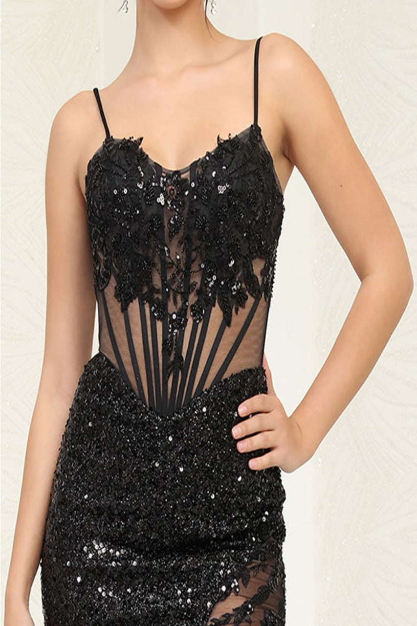 May Queen MQ2055 Corset Lace Embellished Prom Sequin Gown