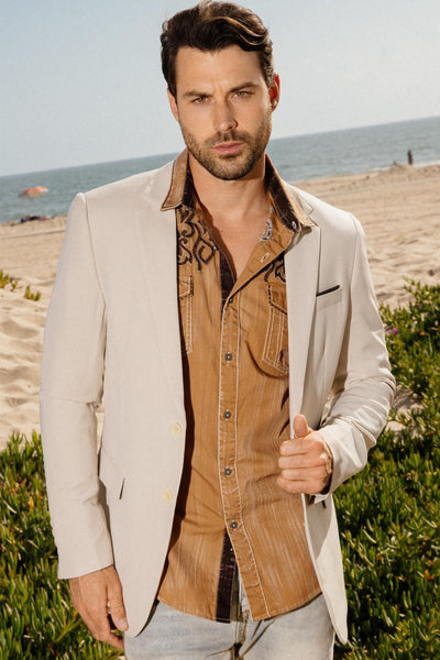 Menβs Beige Date Night Blazer β Tailored Modern Fit Stretch Jacket
