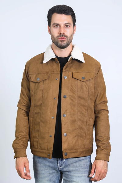 Classic Camel Faux Suede Jacket for Men β Sherpa Lined Warm Winter Style