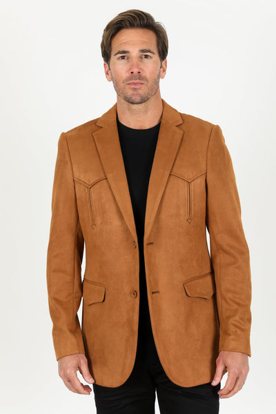 Menβs Double-Button Faux Suede Blazer in Camel