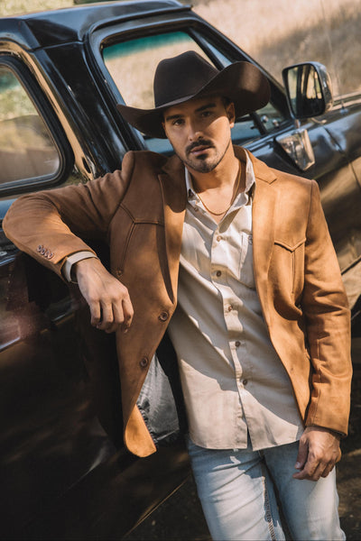 Menβs Double-Button Faux Suede Blazer in Camel