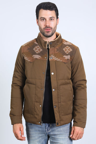 Menβs Quilted Twill Jacket with Aztec Print and Fur Lining β Brown