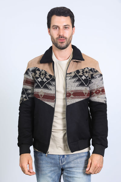 Menβs Tribal Aztec Quilted Jacket β Black & Beige Twill with Suede Touch