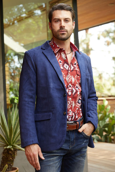 Menβs Elegant Navy Faux Suede Double-Breasted Blazer