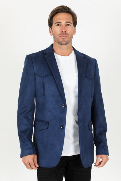 Menβs Navy Faux Suede Blazer β Double Button Smart Casual Jacket