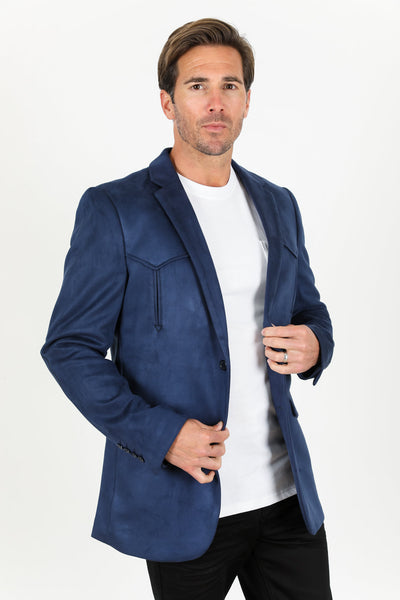 Menβs Navy Faux Suede Blazer β Double Button Smart Casual Jacket