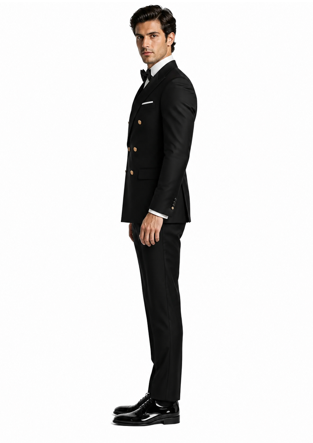 Men’s Double-Breasted Black Tuxedo with Gold Buttons