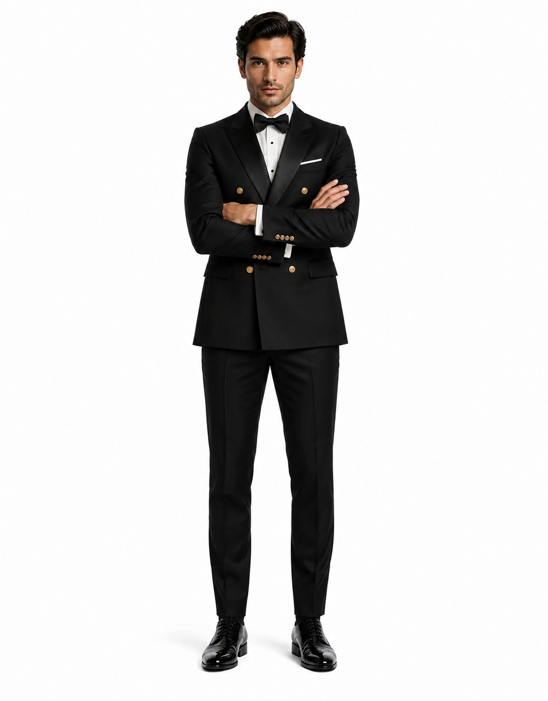 Men’s Double-Breasted Black Tuxedo with Gold Buttons
